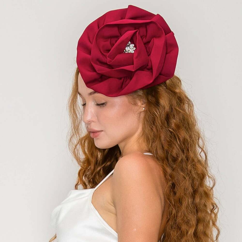 Big Burgundy Satin Rose Rhinestone Embellished Fascinator with Headband